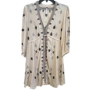 Free People Star Gazer Embroidered Peasant Dress Beige Sz XS Whimsical Boho